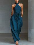 Navy Cross Halter Wijd-Pijpen Jumpsuit Met Zijzakken