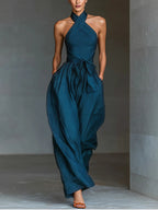 Navy Cross Halter Wijd-Pijpen Jumpsuit Met Zijzakken