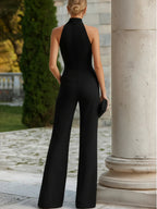 Hoge Hals Transparante Yoke Aangepaste Wijde Pijpen Jumpsuit