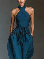 Navy Cross Halter Wijd-Pijpen Jumpsuit Met Zijzakken