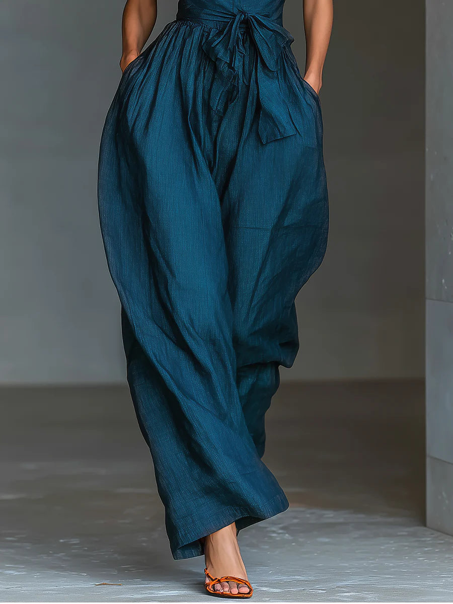 Navy Cross Halter Wijd-Pijpen Jumpsuit Met Zijzakken