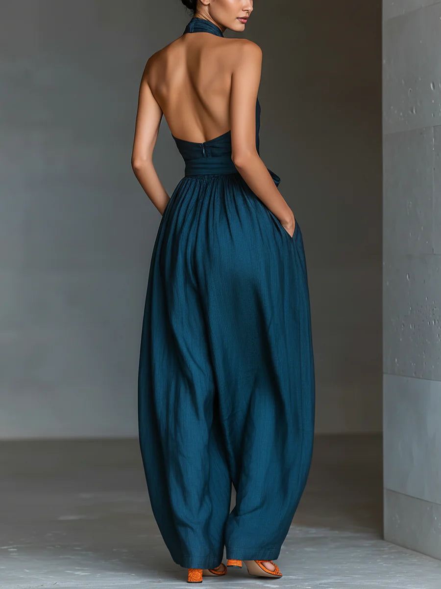 Navy Cross Halter Wijd-Pijpen Jumpsuit Met Zijzakken