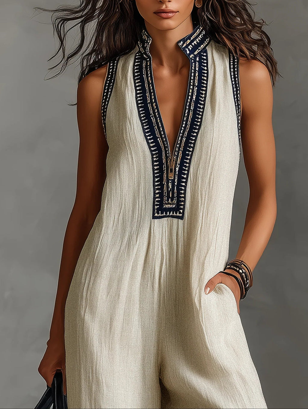 Minimalistische stand-up kraag rits mouwloze jumpsuit