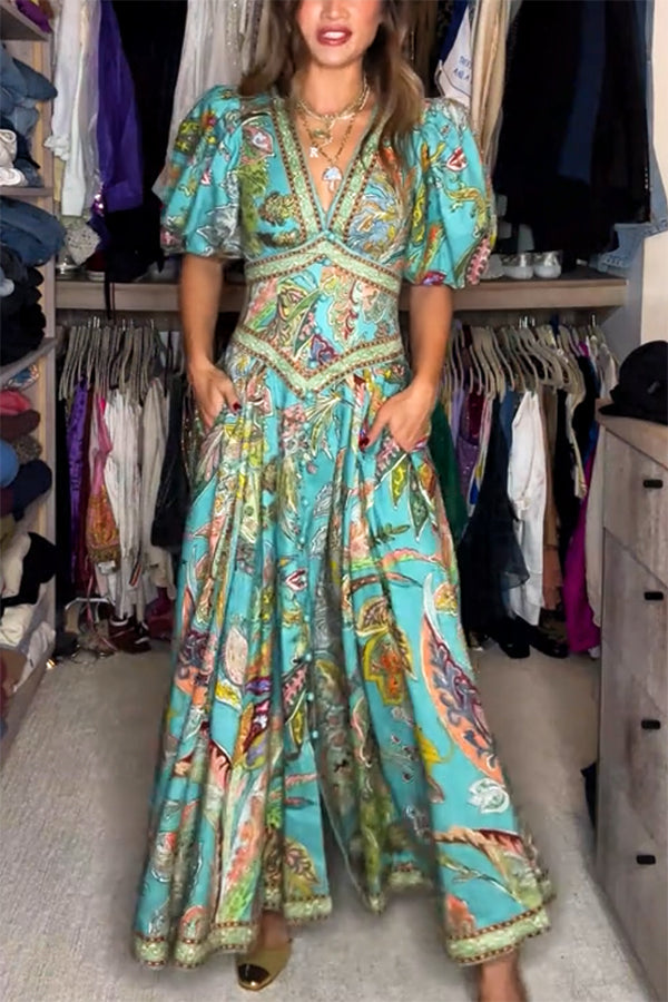 Amelia Quinn | Luchtige Maxi-Jurk Met Pofmouwen En V-Hals