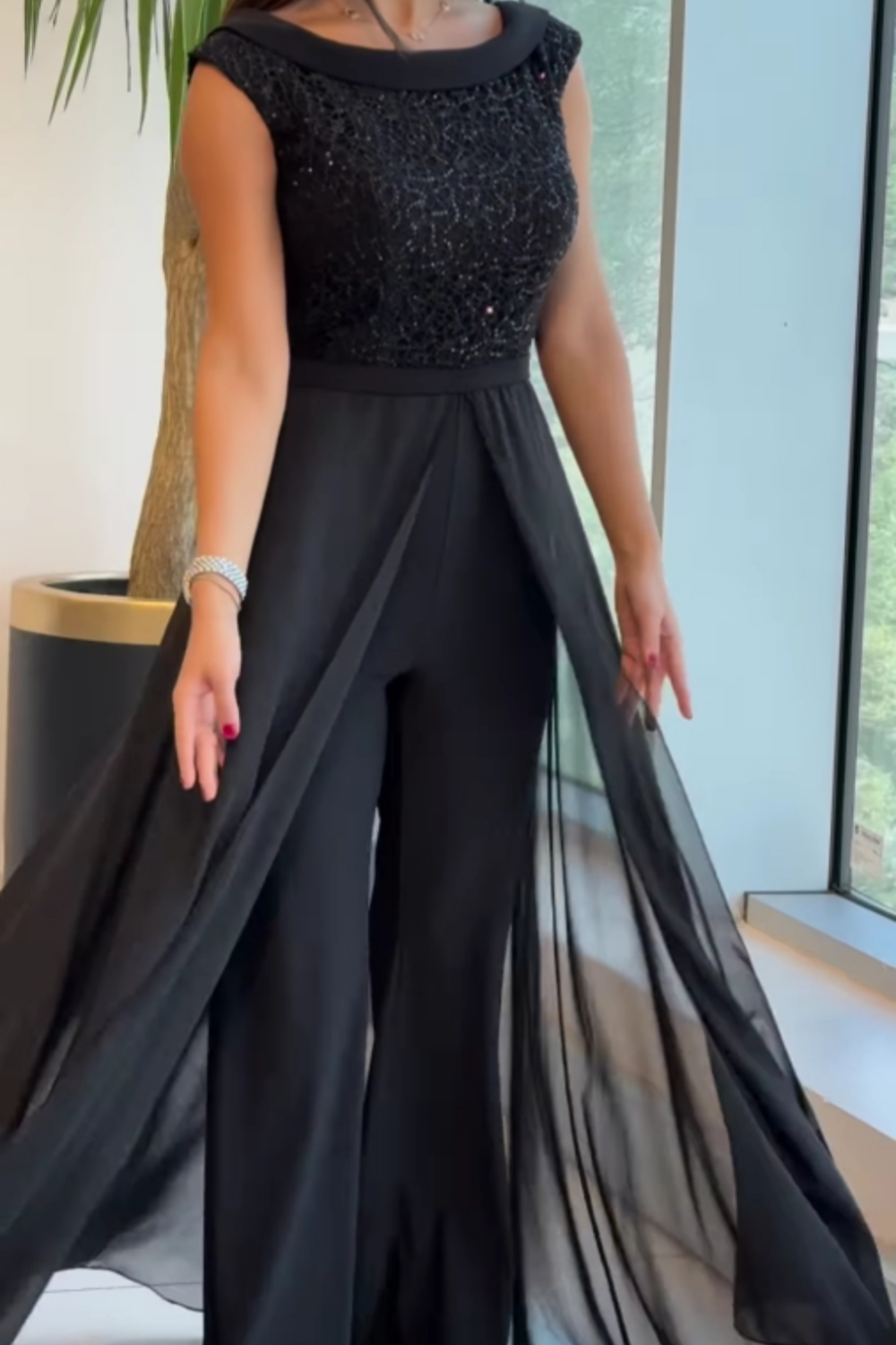 Korte mouwen tulle jumpsuit met textuur