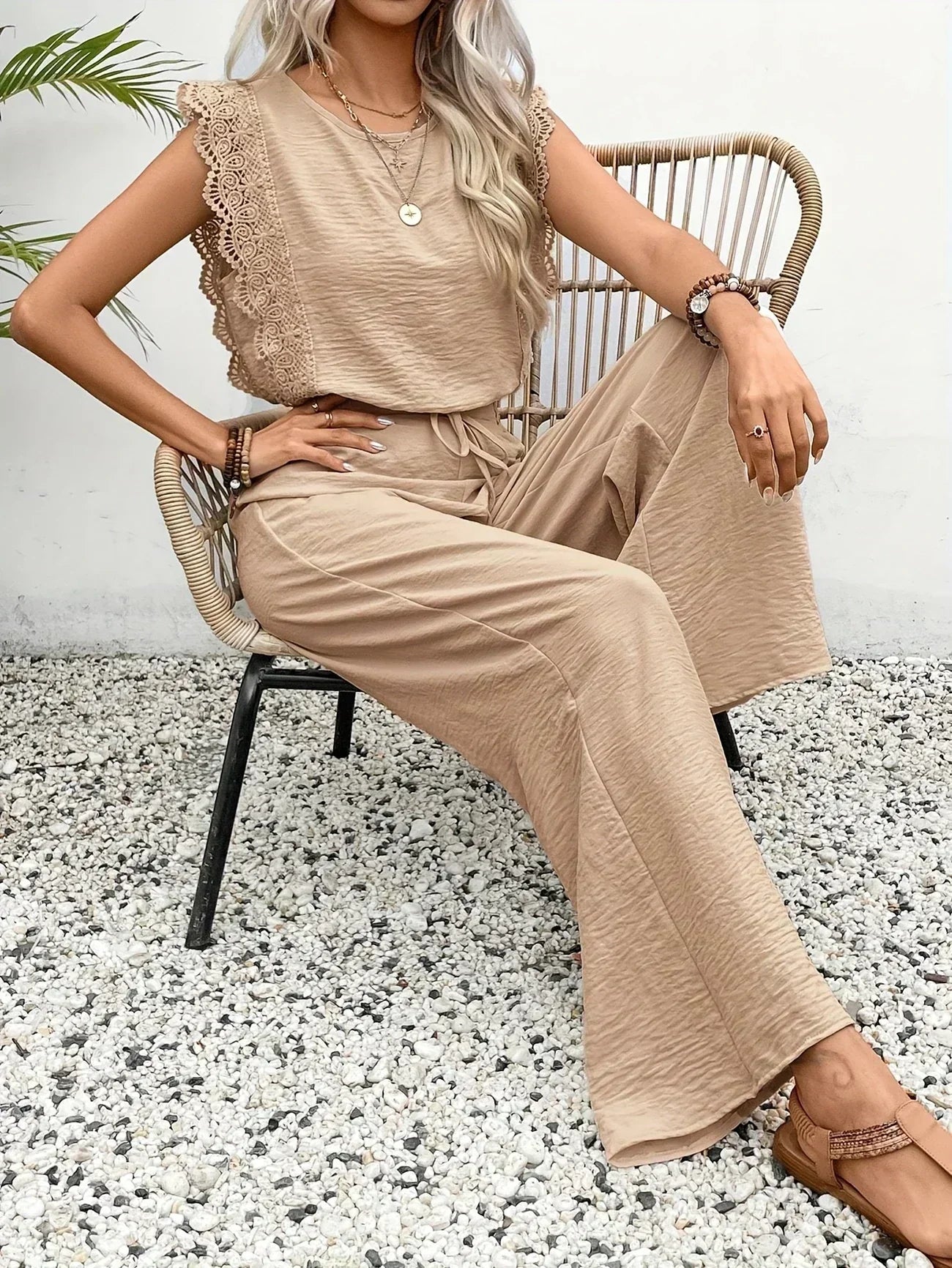 Zella™ Elegante Twee-Delige Set | Kantafwerking Top en Wijde Broek