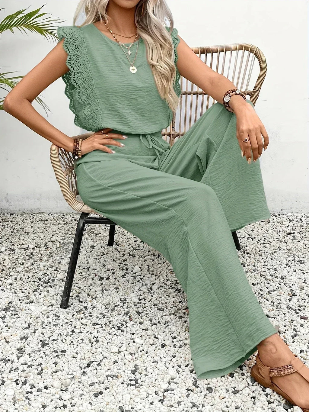Zella™ Elegante Twee-Delige Set | Kantafwerking Top en Wijde Broek