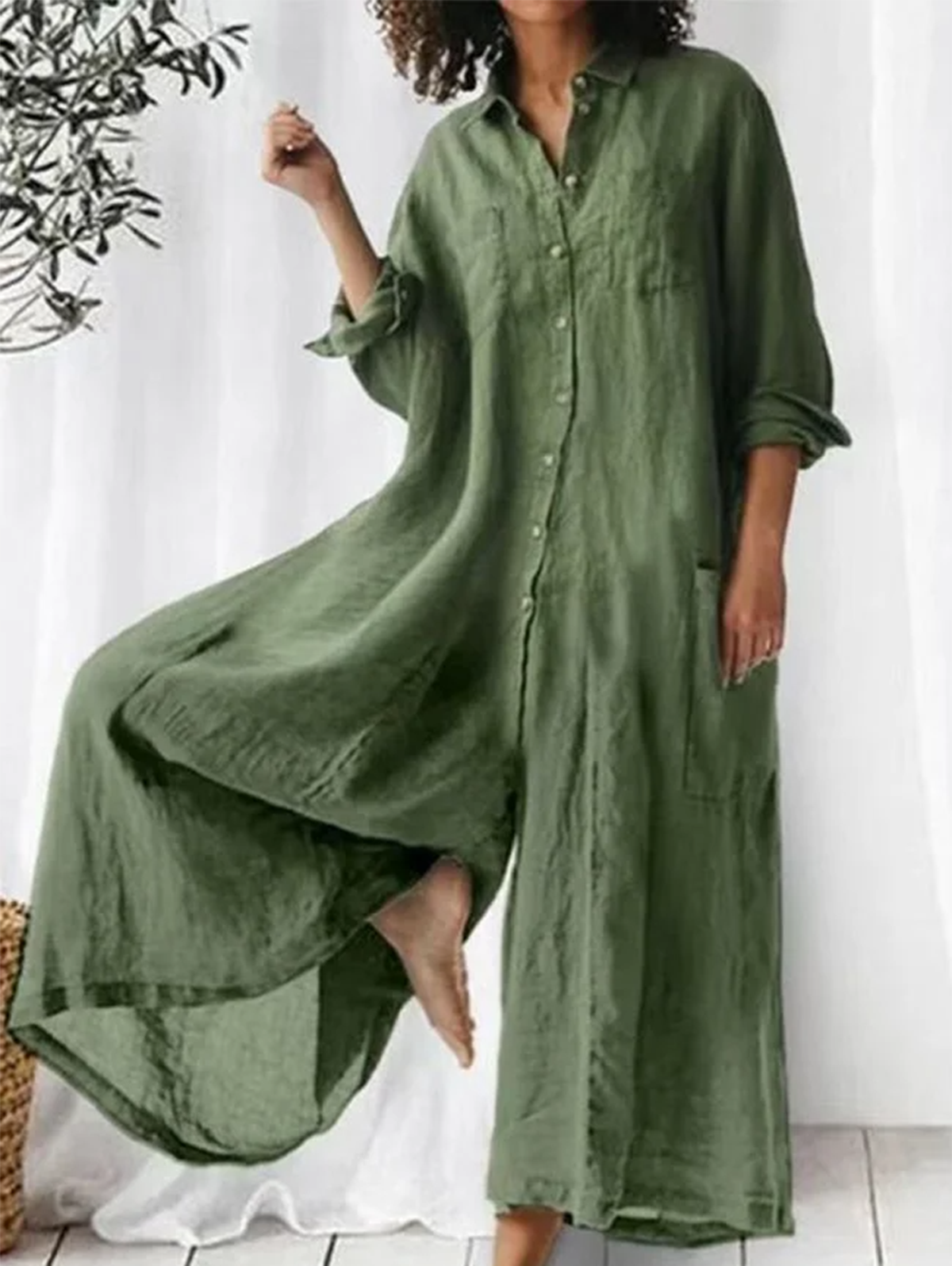 Casual Effen Revers Kraag Enkele Knop Brede Pijpen Jumpsuit
