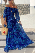 Francesca - Lange Jurk Met Bloemenprint En Off-The-Shoulder Mouwen