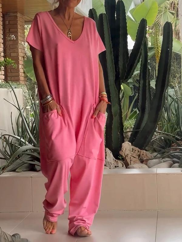 Casual V-hals Effen Kleur Jumpsuit