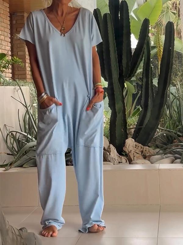 Casual V-hals Effen Kleur Jumpsuit
