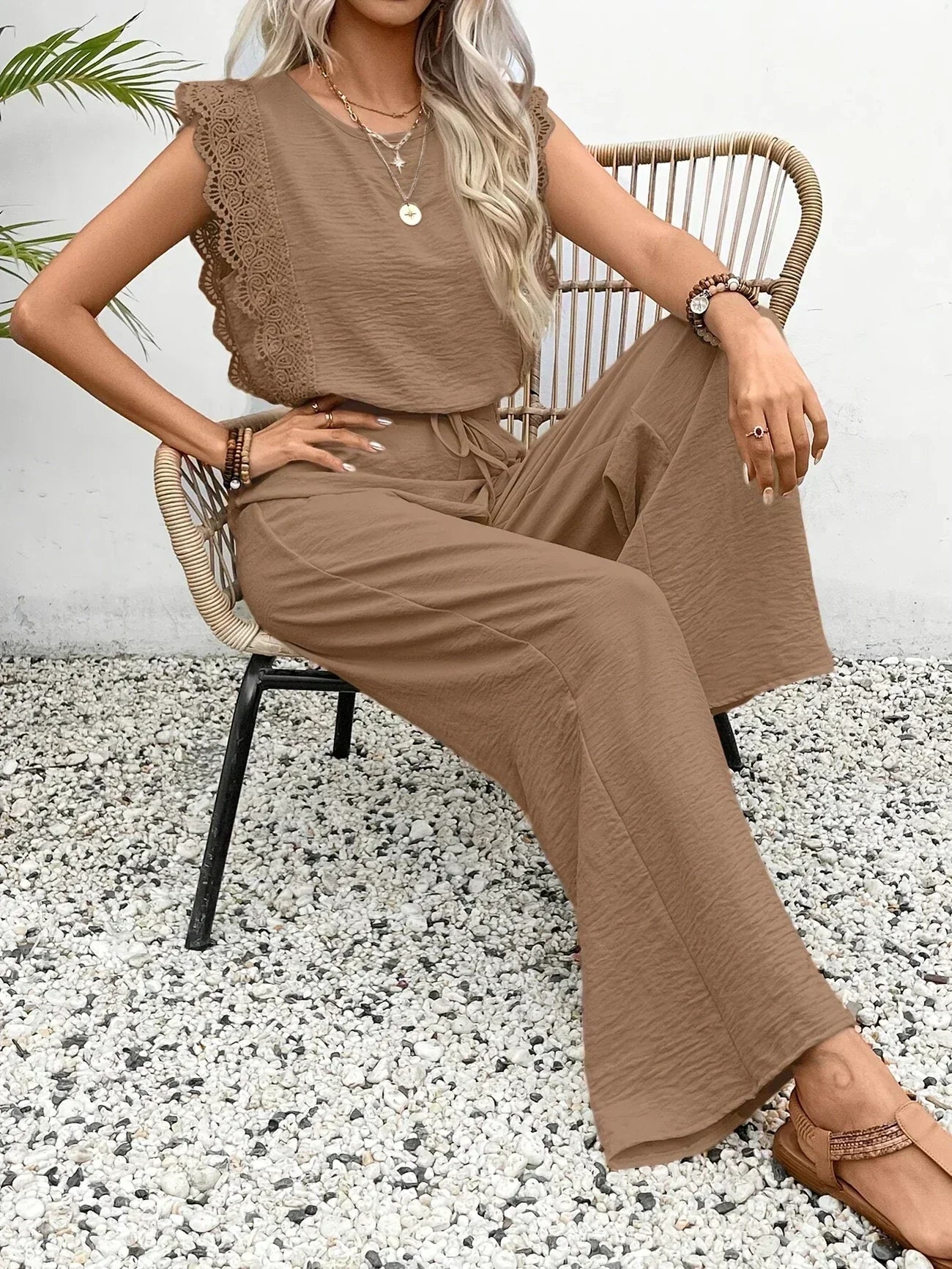 Zella™ Elegante Twee-Delige Set | Kantafwerking Top en Wijde Broek
