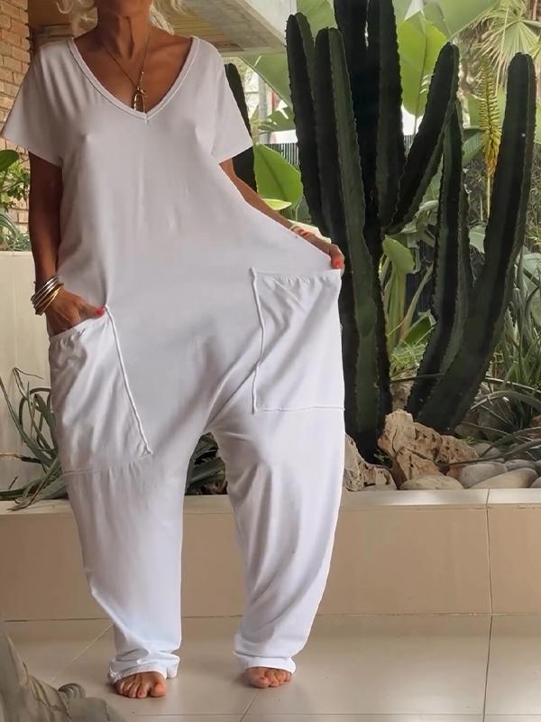 Casual V-hals Effen Kleur Jumpsuit