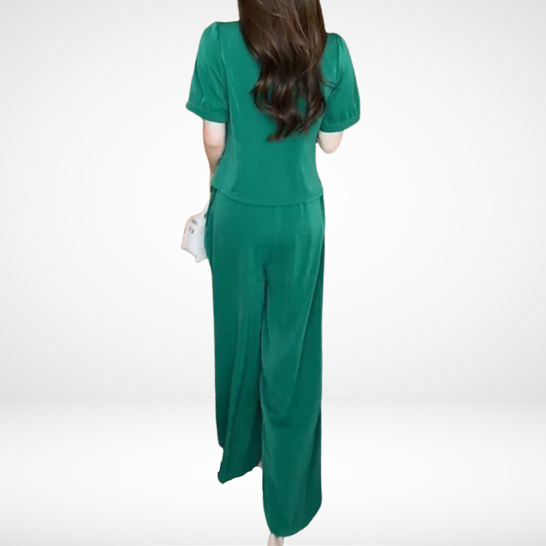 Elsie™ Elegante Korte Mouwen Twee-delige Set | V-hals Top en Wijde Broek