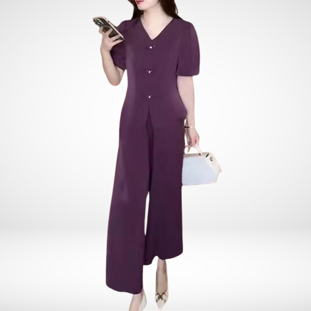 Elsie™ Elegante Korte Mouwen Twee-delige Set | V-hals Top en Wijde Broek