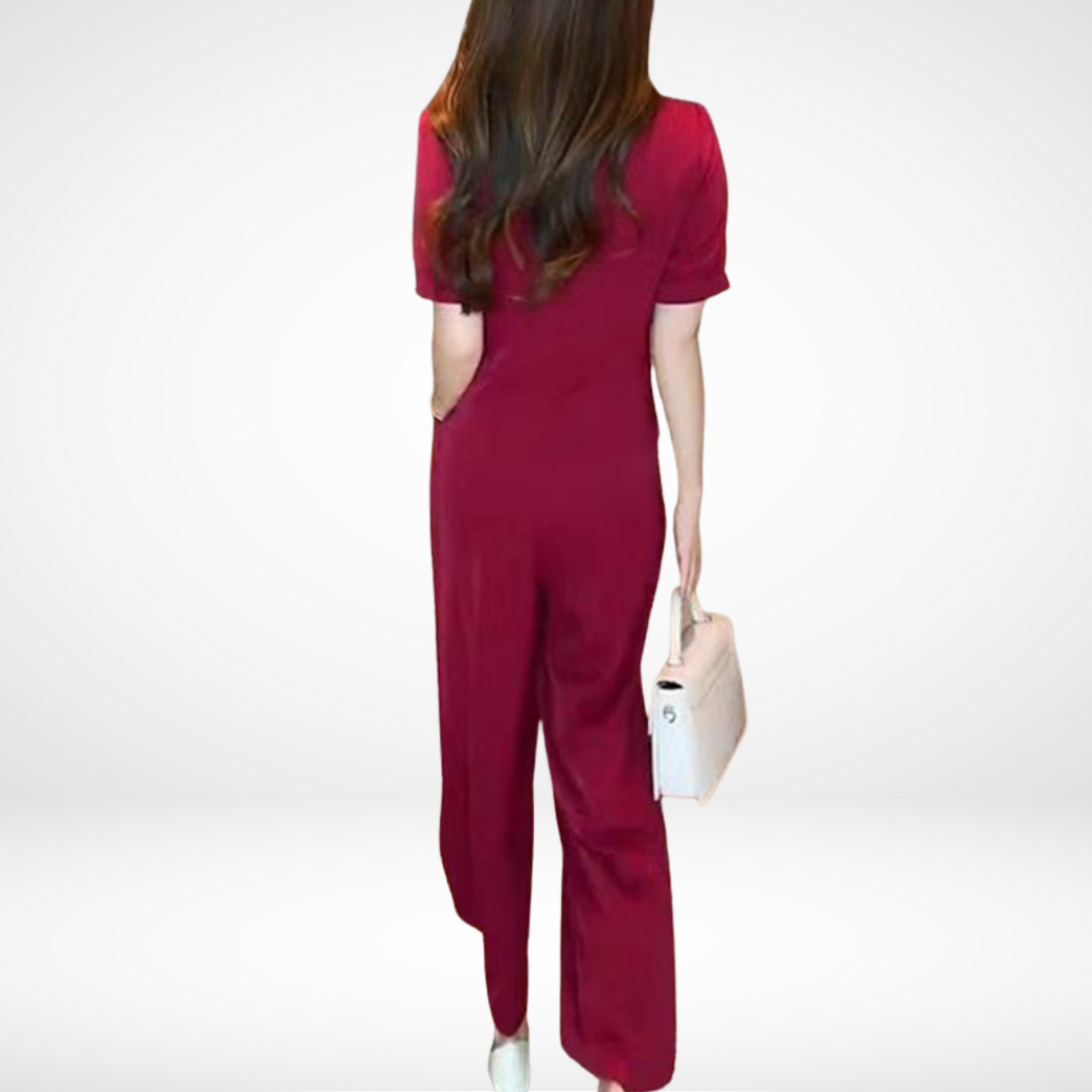 Elsie™ Elegante Korte Mouwen Twee-delige Set | V-hals Top en Wijde Broek