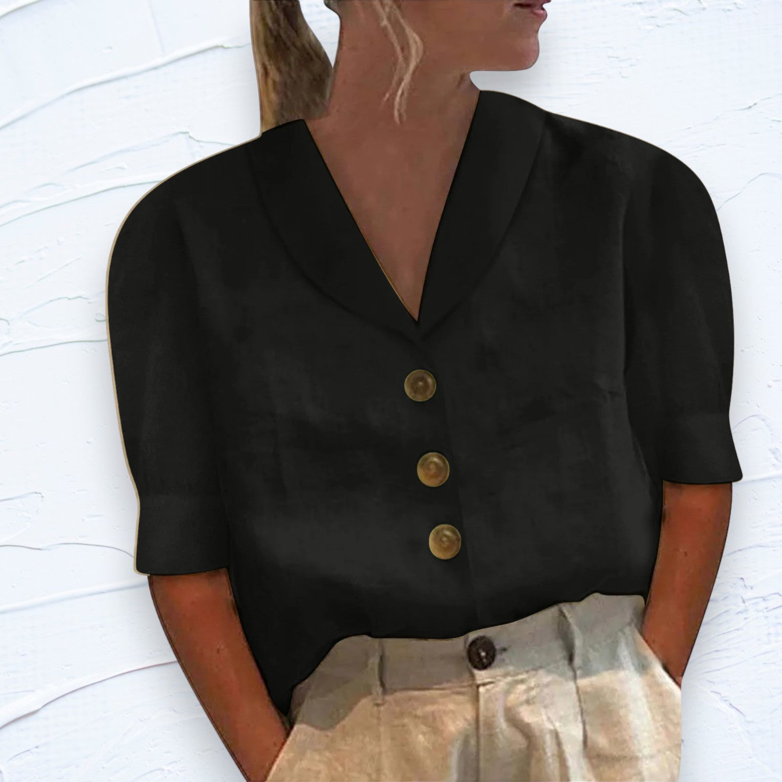Retro-Chique Knopblouse met Geknoopte Voorkant