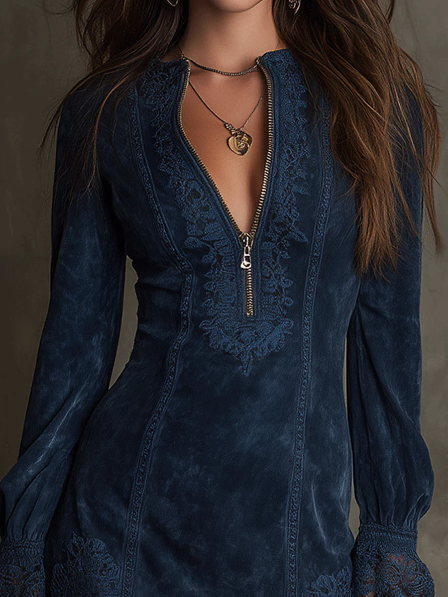 Azulena ❘ Blauwe tuniek met borduursel en rits