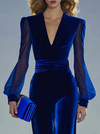 Retro elegante V-hals mesh lange mouw koninklijke fluwelen jumpsuit