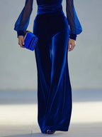 Retro elegante V-hals mesh lange mouw koninklijke fluwelen jumpsuit