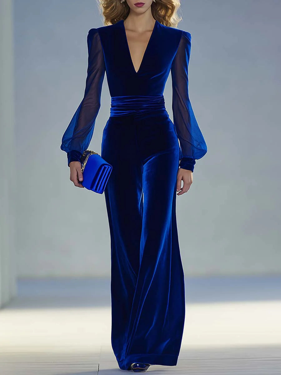 Retro elegante V-hals mesh lange mouw koninklijke fluwelen jumpsuit
