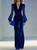 Retro elegante V-hals mesh lange mouw koninklijke fluwelen jumpsuit
