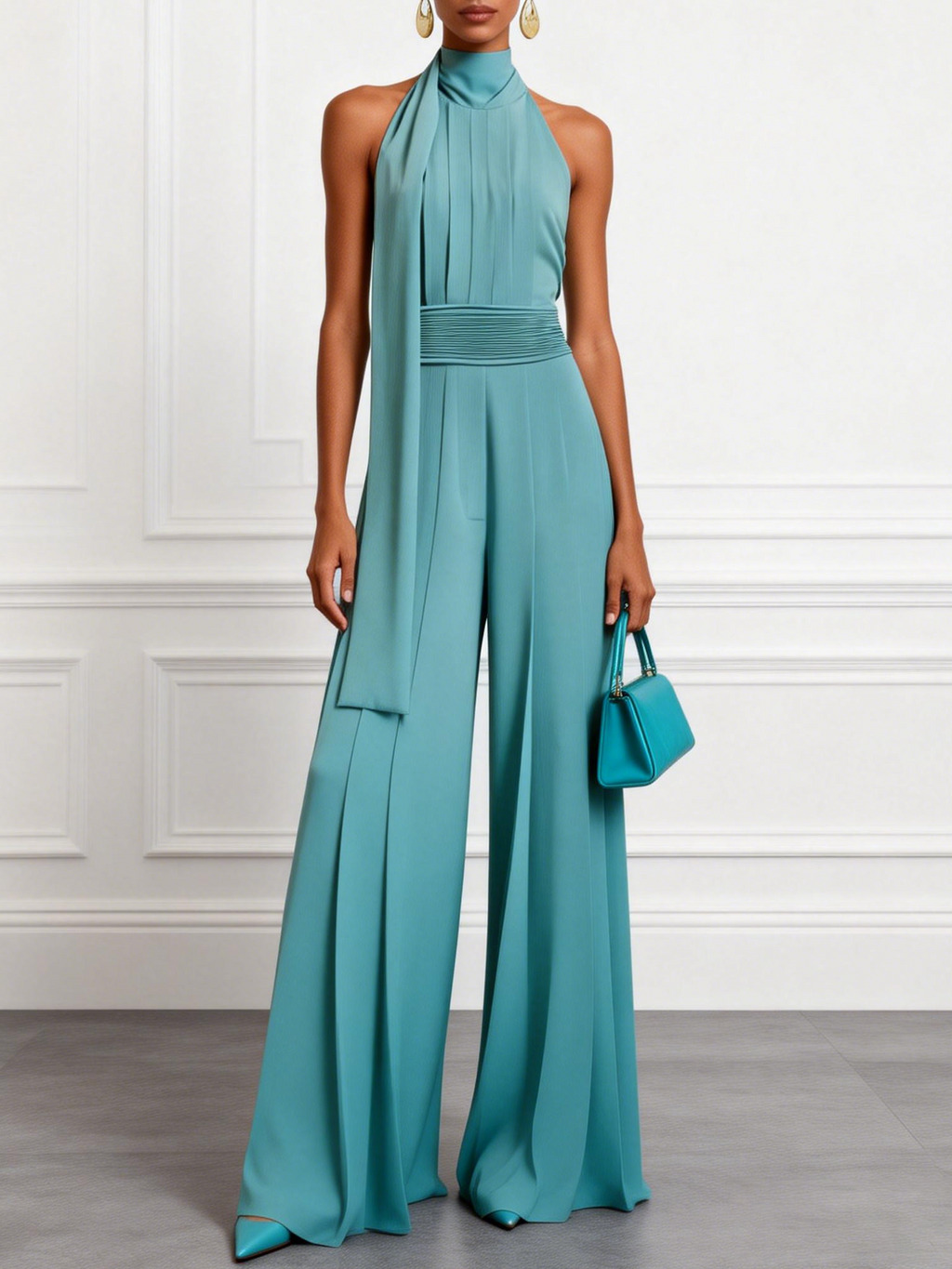 Blauwe Gerimpelde Halter Mock Neck Mouwloze Dressy Jumpsuit