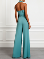 Blauwe Gerimpelde Halter Mock Neck Mouwloze Dressy Jumpsuit