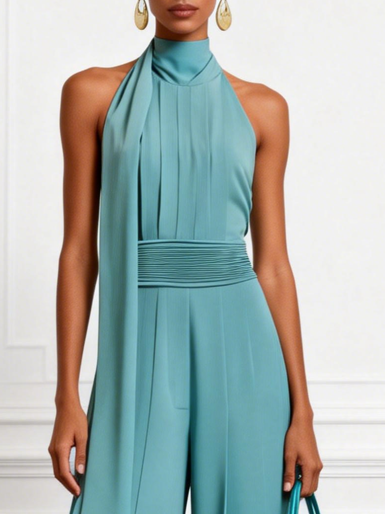 Blauwe Gerimpelde Halter Mock Neck Mouwloze Dressy Jumpsuit