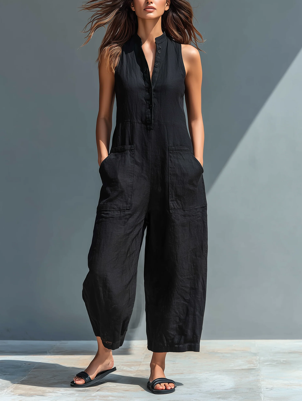 Zwarte Minimalistische Faux Linnen Knoopsluiting Kraag Mouwloze Losse Jumpsuit