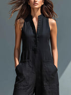 Zwarte Minimalistische Faux Linnen Knoopsluiting Kraag Mouwloze Losse Jumpsuit