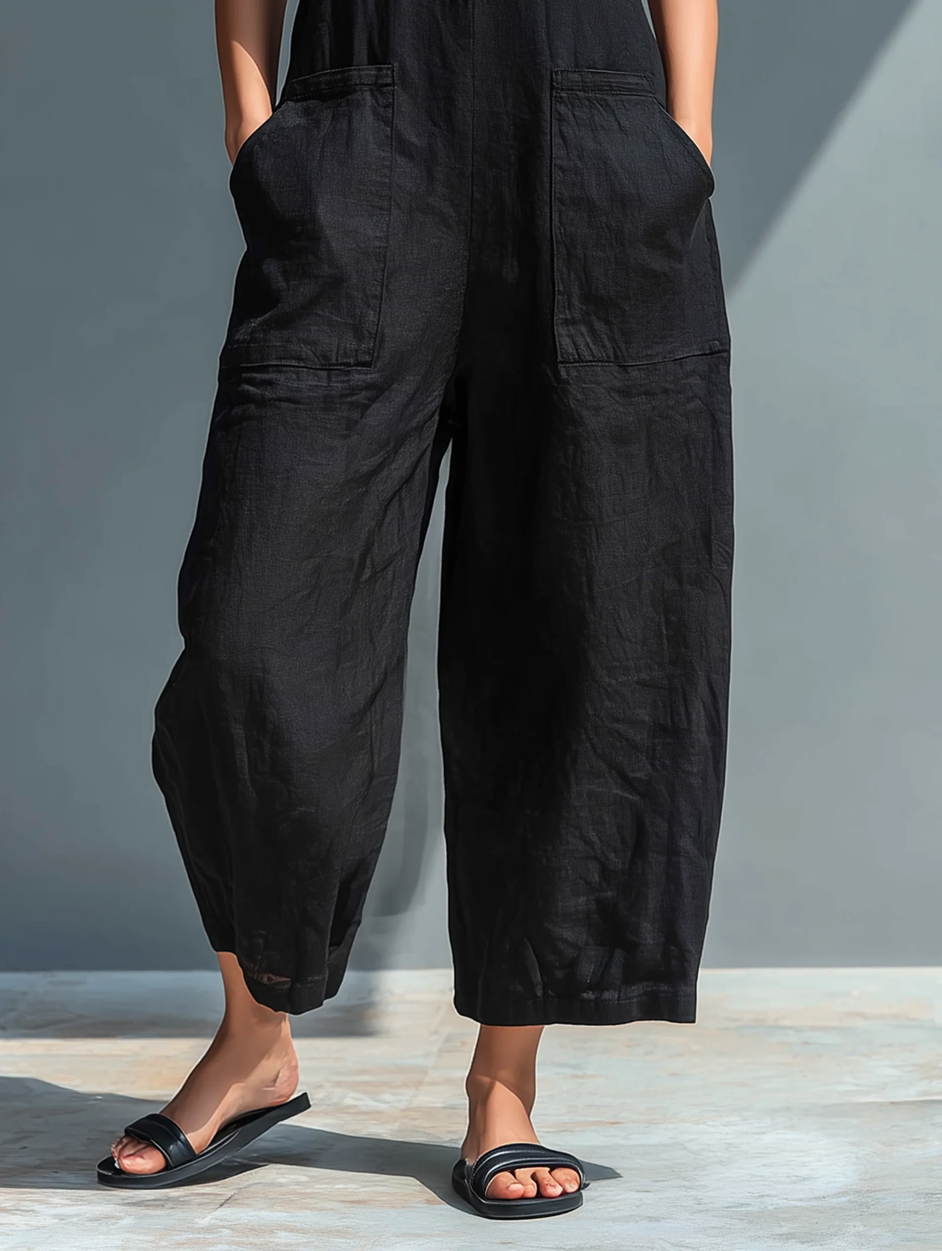 Zwarte Minimalistische Faux Linnen Knoopsluiting Kraag Mouwloze Losse Jumpsuit