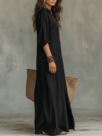 Sara™ | Losvallende Zwarte Maxi Jurk met Knopen
