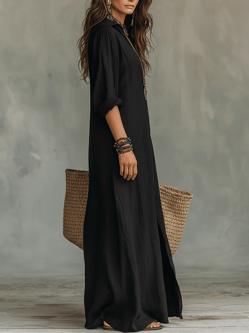 Sara™ | Losvallende Zwarte Maxi Jurk met Knopen
