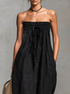 Zwarte Minimalistische Losse Faux Linnen Blend Strapless Jumpsuit