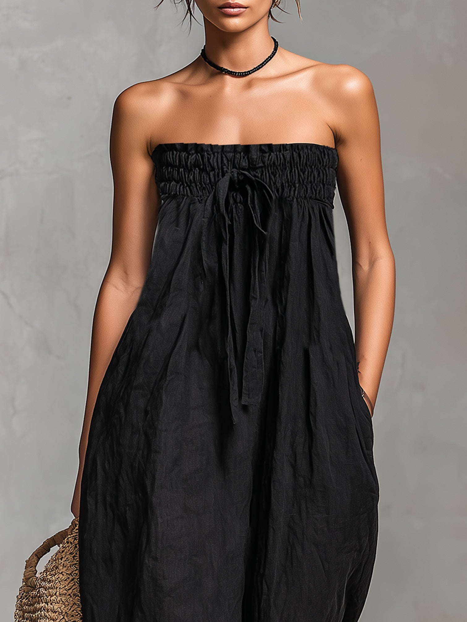 Zwarte Minimalistische Losse Faux Linnen Blend Strapless Jumpsuit