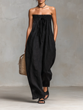 Zwarte Minimalistische Losse Faux Linnen Blend Strapless Jumpsuit