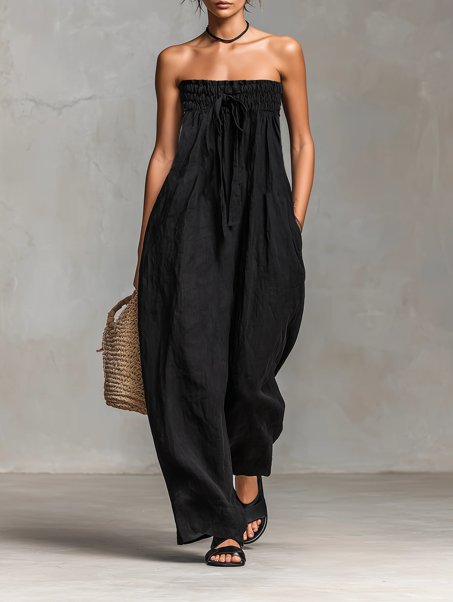 Zwarte Minimalistische Losse Faux Linnen Blend Strapless Jumpsuit