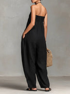 Zwarte Minimalistische Losse Faux Linnen Blend Strapless Jumpsuit