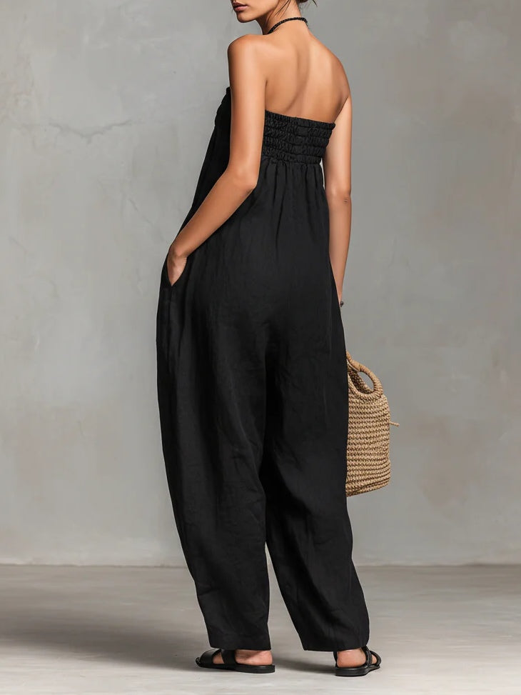 Zwarte Minimalistische Losse Faux Linnen Blend Strapless Jumpsuit