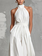 Witte Halter Nek Mouwloze Rugloze Jumpsuit