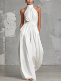 Witte Halter Nek Mouwloze Rugloze Jumpsuit