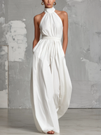 Witte Halter Nek Mouwloze Rugloze Jumpsuit