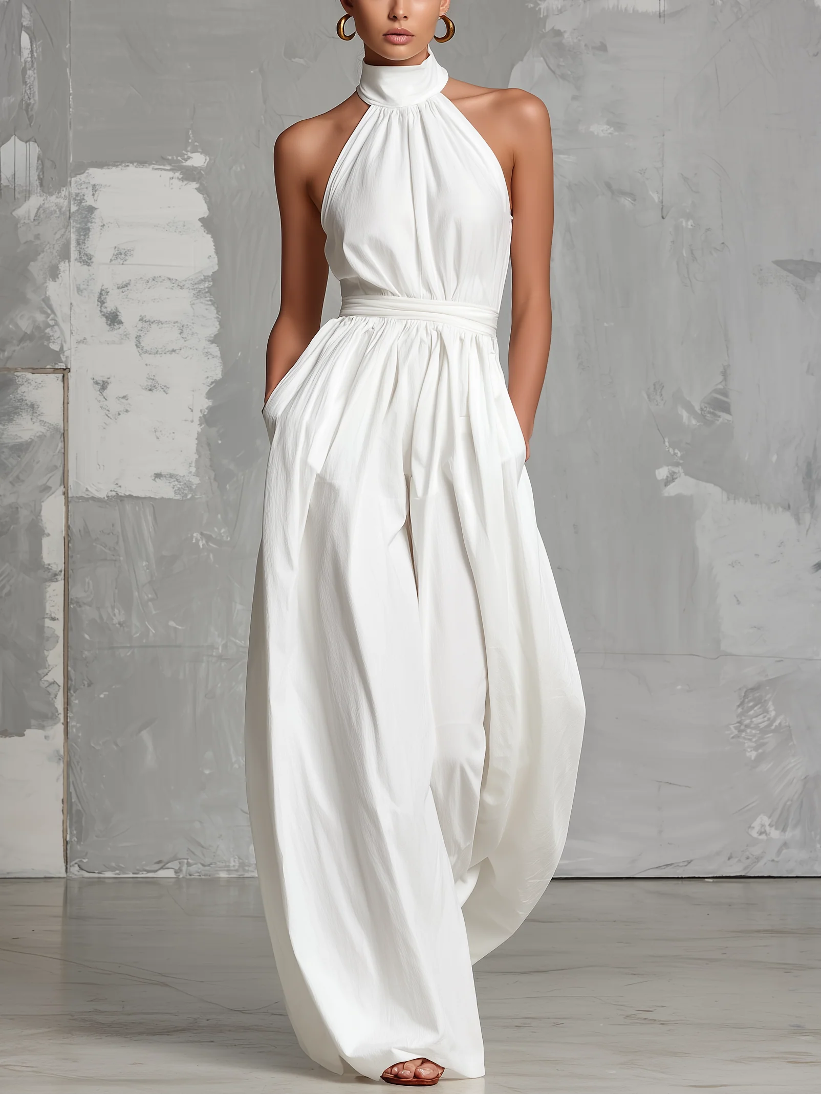 Witte Halter Nek Mouwloze Rugloze Jumpsuit