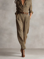 Bruine Verfijnde Tweed Textuur Ruit Utility Jumpsuit