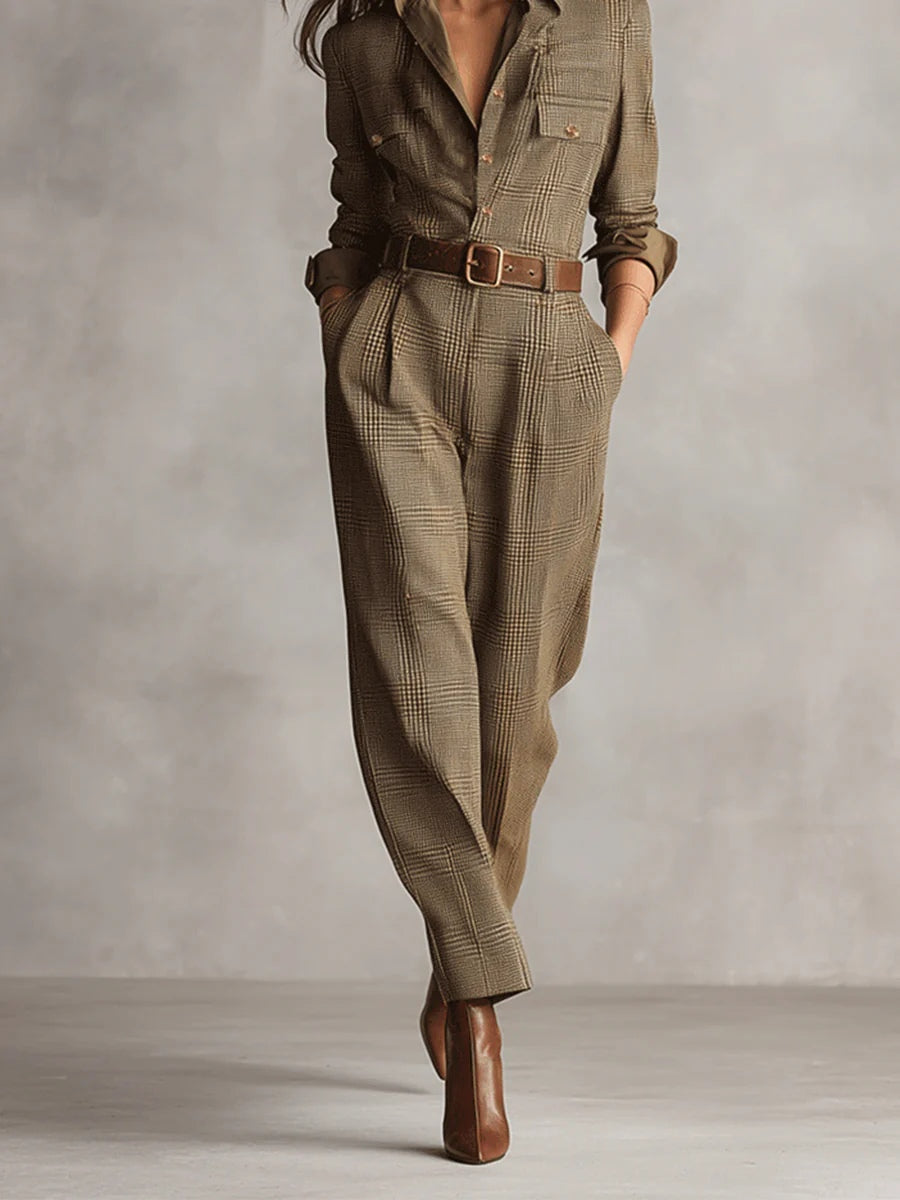Bruine Verfijnde Tweed Textuur Ruit Utility Jumpsuit