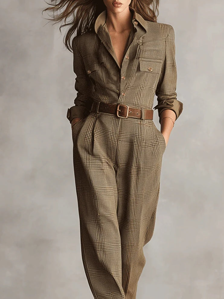 Bruine Verfijnde Tweed Textuur Ruit Utility Jumpsuit