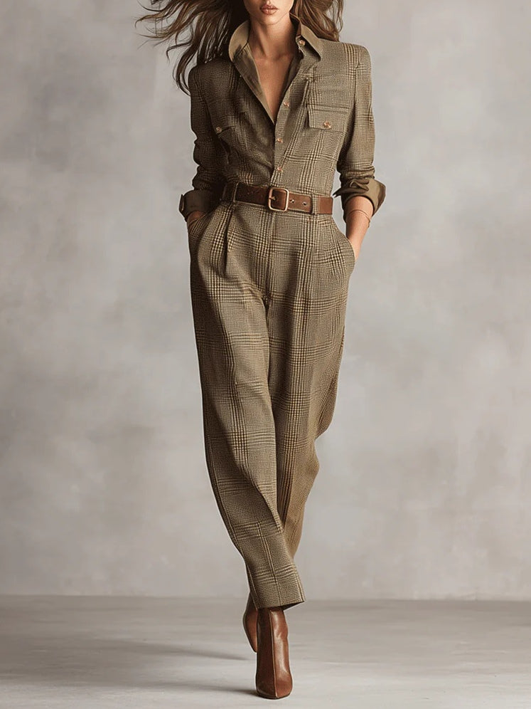 Bruine Verfijnde Tweed Textuur Ruit Utility Jumpsuit