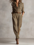 Bruine Verfijnde Tweed Textuur Ruit Utility Jumpsuit