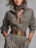 Katoenen en Linnen Gecombineerde Lange Mouwen Shirt Jumpsuit